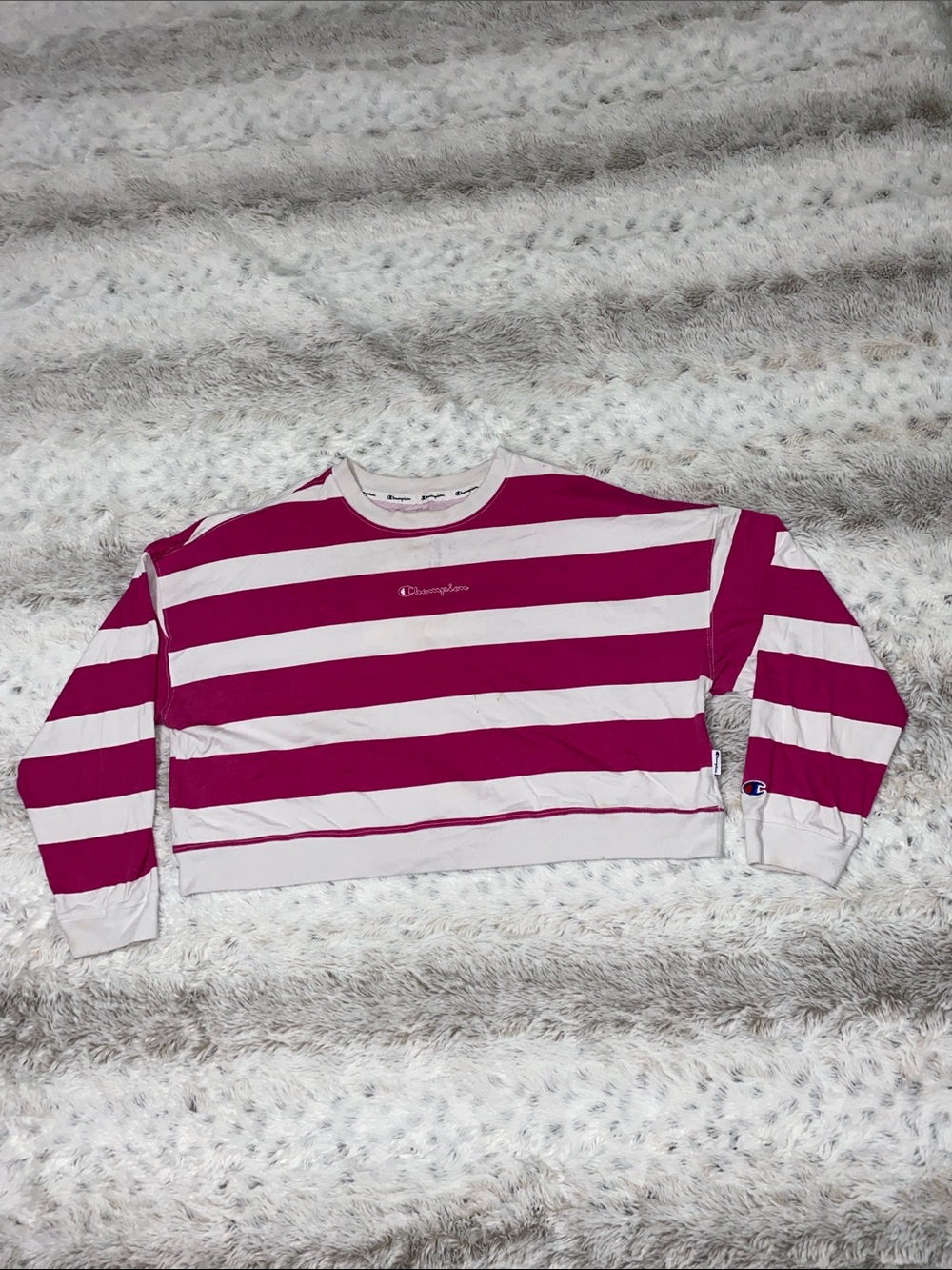Champion Fuchsia and White Striped Cropped Crewneck Sweatshirt